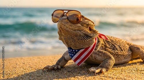 Bearded dragon wearing sunglasses and american flag bandana at the beach