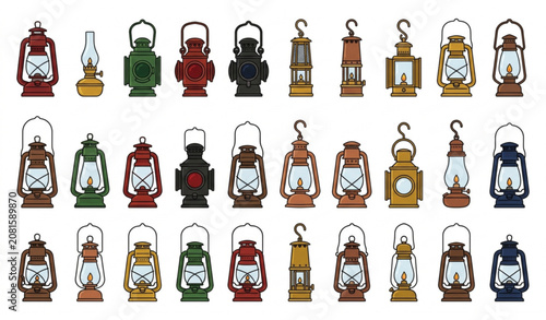 Fotografie Retro Kerosene Lantern Collection Cartoon Vector Illustration with Antique Campi