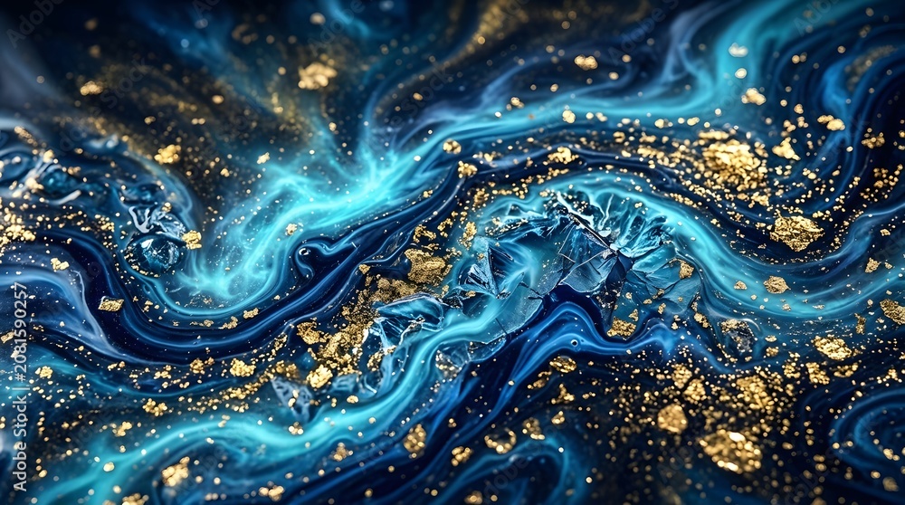 Obraz premium Blue and gold abstract liquid marble texture with flowing swirls and glitter