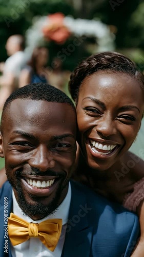 Bride and groom smiling together at outdoor ceremony