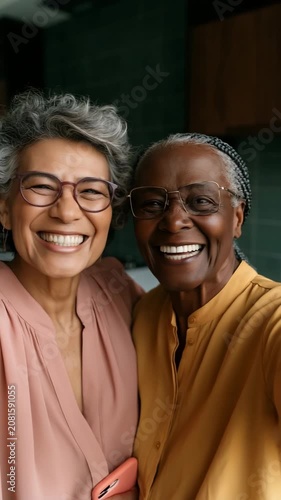 Two senior women smiling together in home kitchen interior