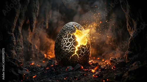 Cracked dragon egg hatching with glowing fire in a dark mysterious cave