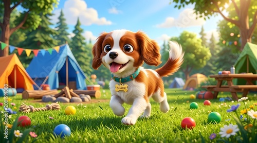 Cute Cavalier puppy playing at a sunny summer camping site with toys