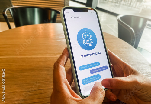 Person use AI therapy chat app on smart phone for mental health support - Emotional, wellbeing assistant concept