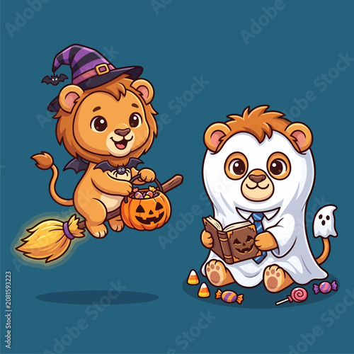 Cute Baby Lions Wearing Halloween Witch and Ghost Costumes