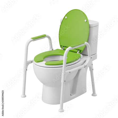 Medical toilet safety frame with green seat and armrests