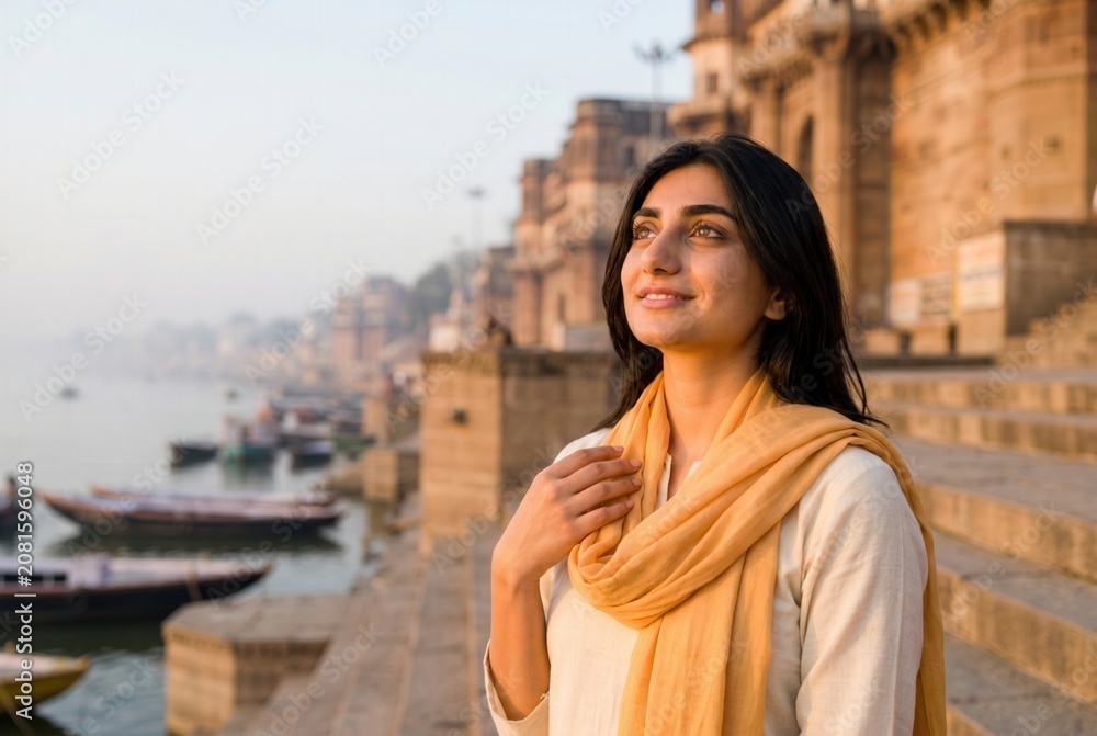 Fototapeta premium Indian woman standing on ganges river ghats, experiencing spirituality during sunrise