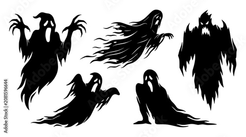 Cuadro en lienzo Spooky Halloween ghosts silhouettes in various poses against a white background