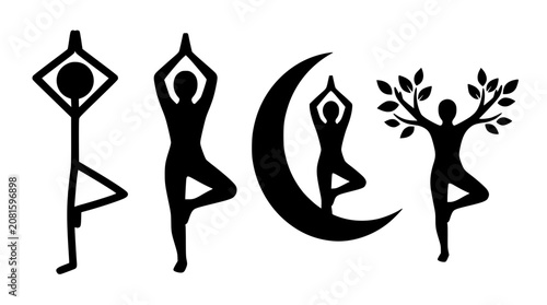 Fotografie Vector silhouettes of diverse yoga poses with symbolic elements during a serene