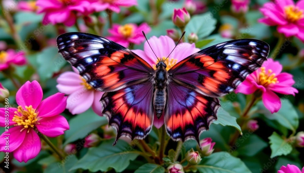 Naklejka premium Vibrant Butterfly Resting Bloom Lush Garden Scene