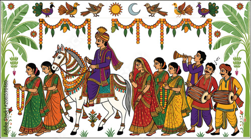 Traditional Indian wedding procession with horse and musicians isolated on transparent background Indian folk art illustration design for festive celebration