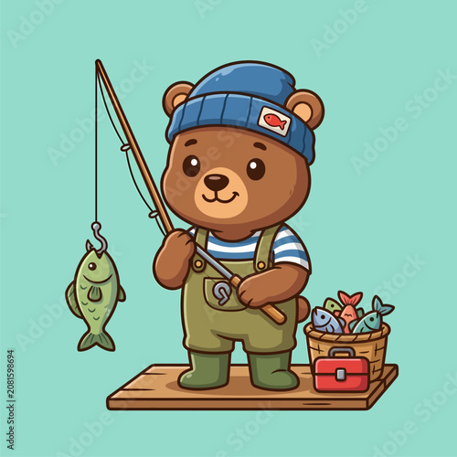 Cute cartoon bear fisherman holding a rod and caught fish