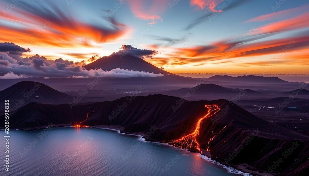 Fototapeta premium Sunset Over Rugged Coastal Volcano