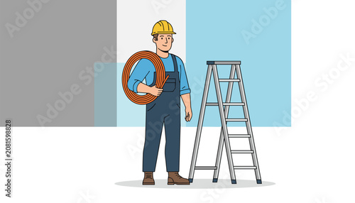 Professional worker wearing a yellow hard hat and overalls holds a roll of copper pipe next to a metal stepladder.