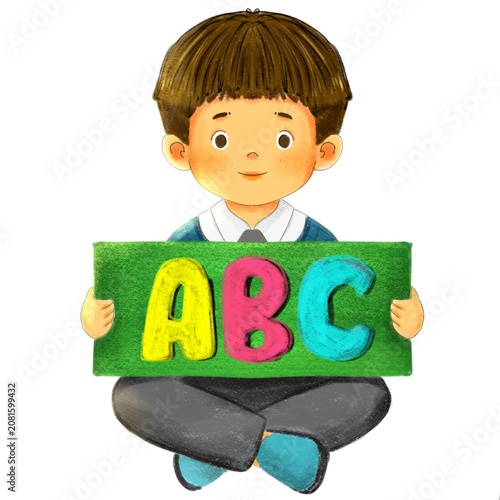 Cute Little Boy Holding Colorful ABC Alphabet Board Cartoon Illustration