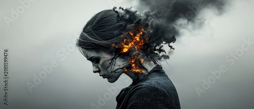 A woman's head consumed by fire and smoke, evoking a sense of torment and inner conflict.  Her sorrowful profile, dark hair, and grey-toned attire amplify the emotional weight of the image