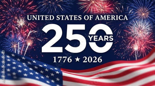 A celebratory graphic illustration featuring a waving flag and fireworks for a 250 year anniversary event.
