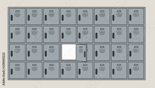 Wall of neat grey school or office lockers with one single locker door standing open to reveal white space.