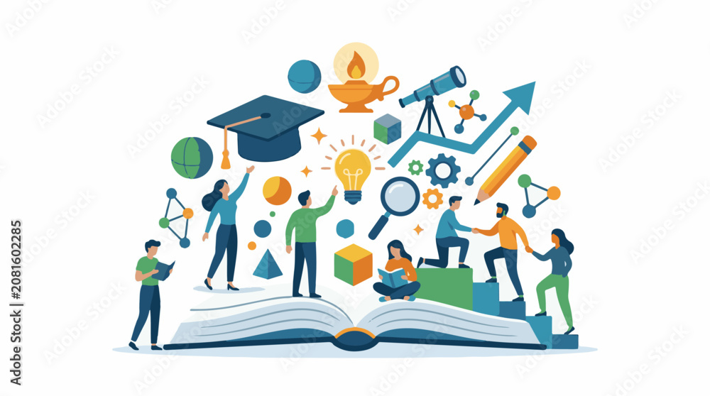 © angga - A colorful illustration of students standing on an open book surrounded by icons representing education and knowledge