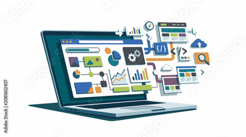 A laptop with a web page on the screen and various colorful graphs and charts floating out of it