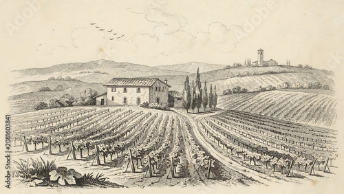 Vintage sketch of italian vineyard with farmhouse and cypress trees, vineyard