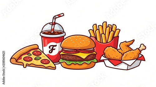 Cuadro en lienzo Delicious fast food combo featuring burger pizza fries and drink