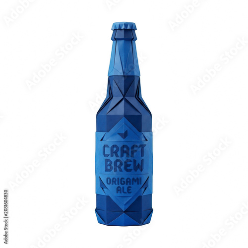 Blue origami style craft brew bottle isolated on black