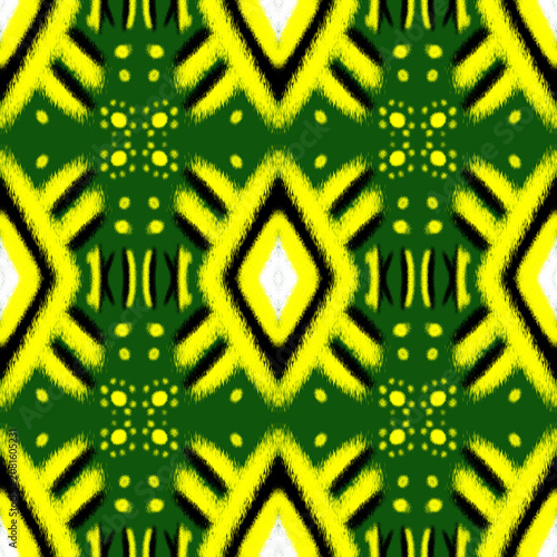 Vibrant Green and Yellow Ikat Seamless Pattern with Geometric Tribal Motifs