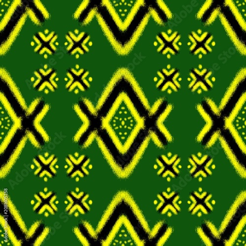 Vibrant Green and Yellow Tribal Ikat Geometric Seamless Pattern