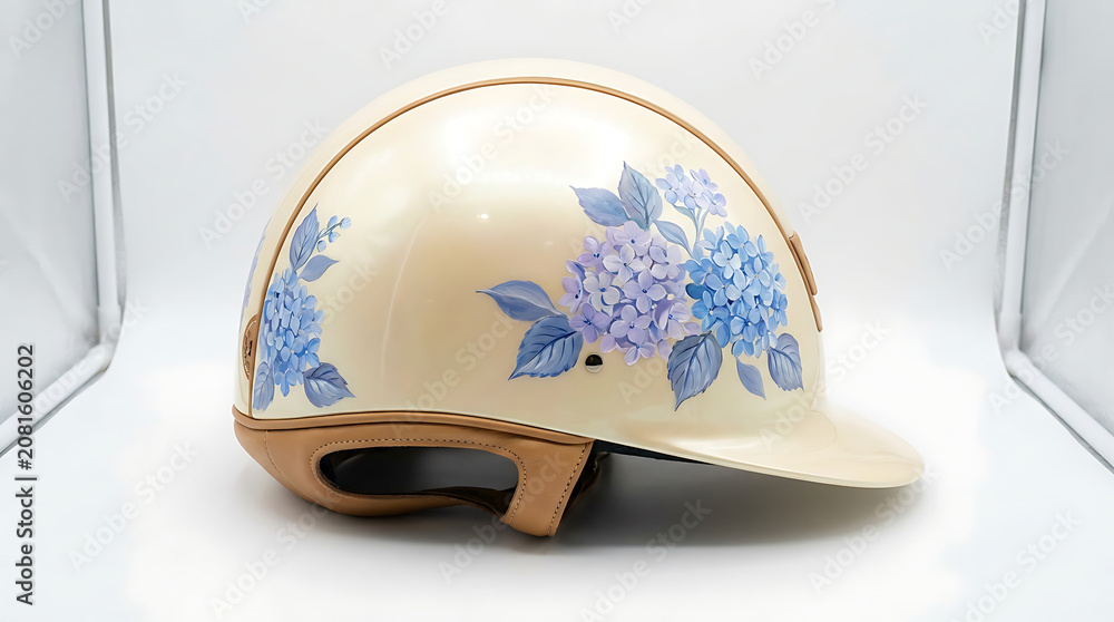 Fototapeta premium Luxury Cream Equestrian Helmet with Detailed Purple and Blue Hydrangea Botanical Artwork for Stylish Horseback Riding Gear