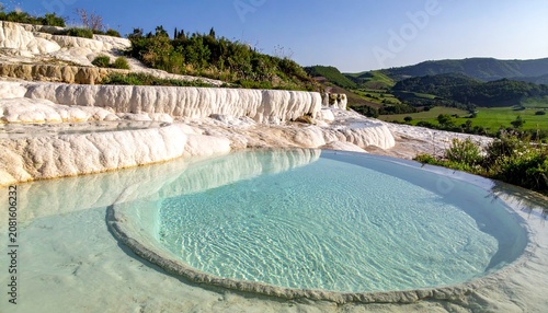 Ancient stone dam with turquoise water and lush greenery.