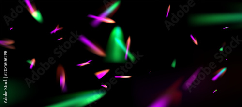 Blurred rainbow refraction overlay effect. Light lens prism effect on black background. Holographic reflection, crystal flare leak shadow overlay. Vector abstract illustration.