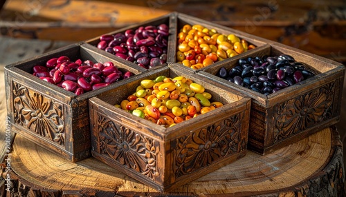 Assortment of fresh colorful berries in wooden crates.