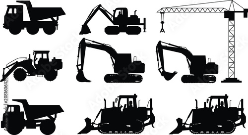 Fotografie Silhouettes of construction vehicles including excavators, dump trucks, bulldoze