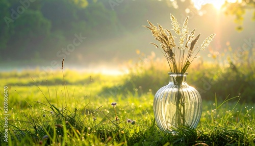 Serene glass jar with wild grass in natural sunlight.