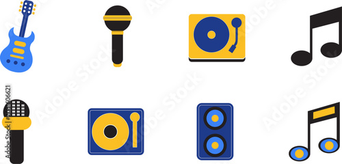 Set of colorful music icons featuring guitars microphones record players and musical notes
