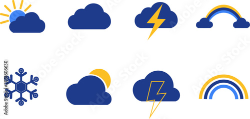 Weather icon set with sun clouds lightning rain rainbow and snowflake symbols, lightning