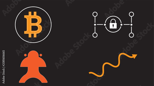 Digital finance and blockchain technology icons set with bitcoin and security lock, blockchain