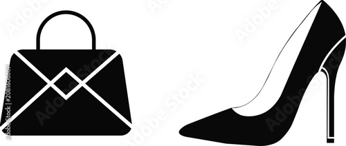 Black fashion silhouette icons including handbag and high heel shoe for stylish accessories