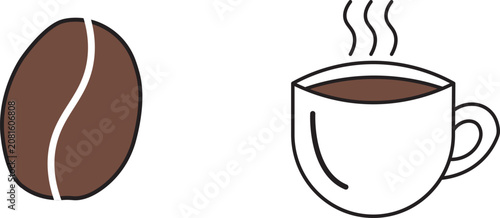 Roasted coffee bean next to a steaming hot white cup of freshly brewed black coffee graphic icon