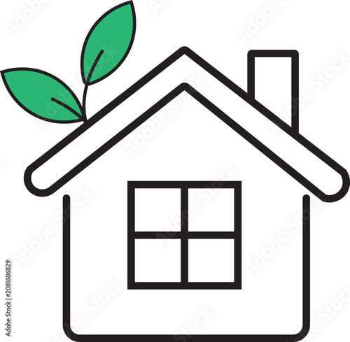 Simple line art icon of a house with green leaves growing on top representing eco friendly home