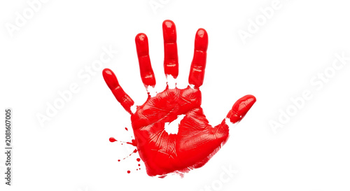 A red handprint with dripping paint and visible finger details on transparent background palm fingers crimson scarlet splatter