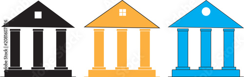 Set of three colorful architectural building icons in minimalist vector style with architecture