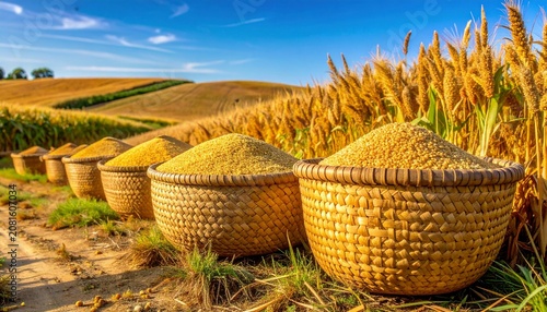Golden wheat field with rustic woven baskets and farm tools.