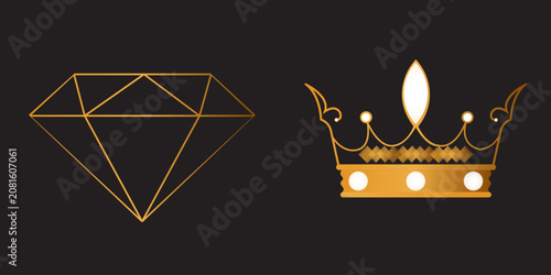 Luxury gold line art diamond and royal crown icon set on black background with precious, isolated