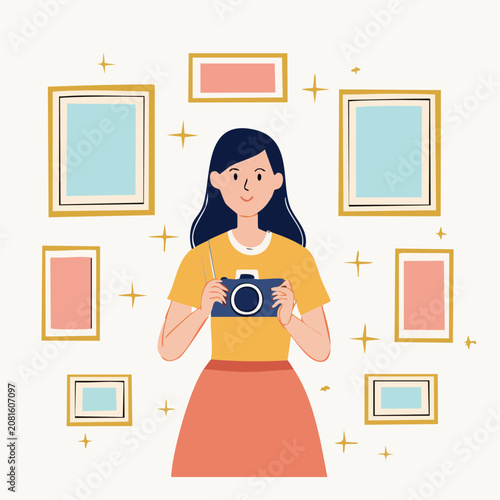 Woman holding a camera surrounded by picture frames.