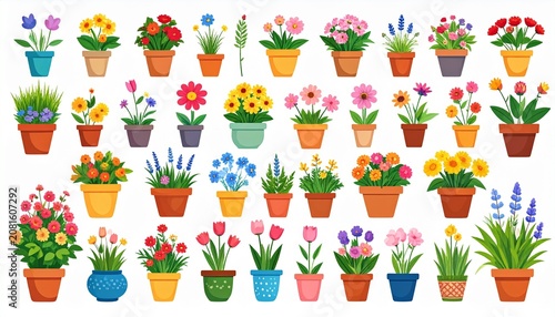 Colorful floral arrangement in glass vases on white background.