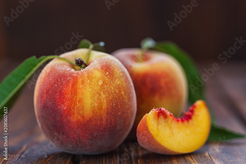 Fresh Peaches on Wooden Table
