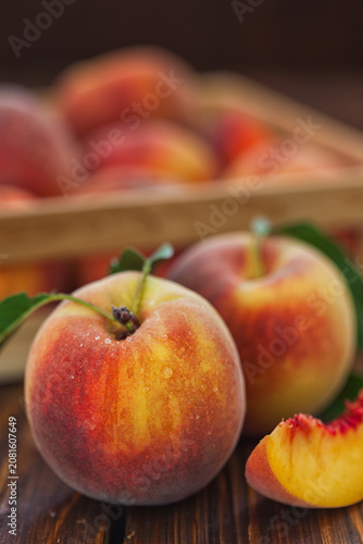 Fresh Peaches on Wooden Table