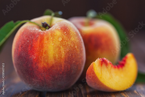Fresh Peaches on Wooden Table
